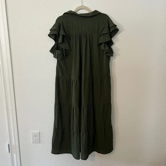 Umgee XL Olive Green Maxi Dress Ruffle Short Sleeve Tiered Casual Boho Flowy - Picture 2 of 7